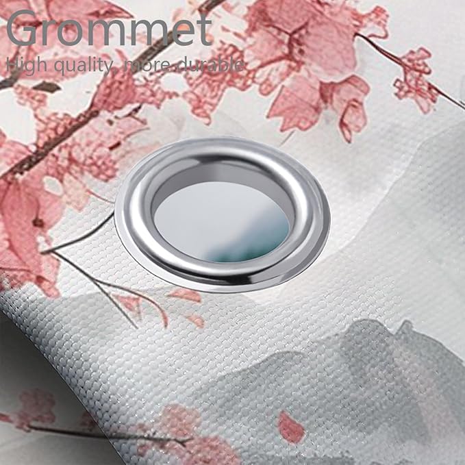 Watercolor Cherry Blossom Shower Curtain Set with Non-Slip Rugs, Toilet Lid Cover and Bath Mat, Chinese Landscape Ink Painting Bathroom Shower Curtain with 12 Hooks Accessories Decorative