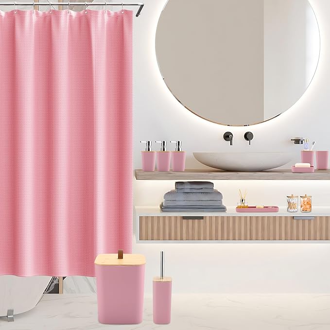 XLHOMO Bathroom Sets with Shower Curtain and Rugs, 27PCS Pink Bathroom Accessories Set with Trash Can, Pink Shower Curtain Set, No Slip Super Absorbent Bathroom Rugs