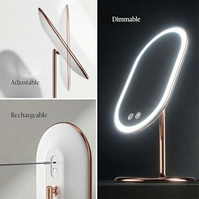 Fancii LED Lighted Vanity Makeup Mirror, Rechargeable - Cordless Illuminated Cosmetic Mirror with 3 Dimmable Light Settings, Dual Magnification - Vera (Rose Gold)