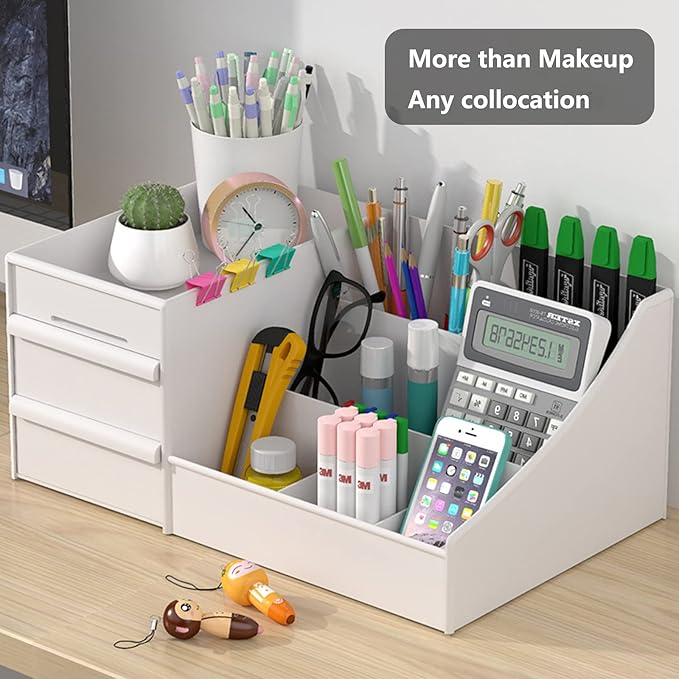 Makeup Desk Organizer With Drawers - Countertop Bathroom Skincare Organizer for Cosmetics, Vanity Holder for Lipstick, Brushes, Lotions, Eyeshadow, Nail Polish and Jewelry Sundries
