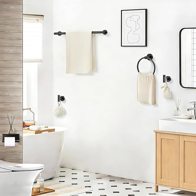 5-Piece Matte Black Bathroom Accessories Set, 24-Inch Wall-Mounted Towel Bar, Toilet Paper Holder with Shelf, SUS 304 Stainless Steel Bath Hardware, Towel Rack for Bathroom, Kitchen, Laundry Room