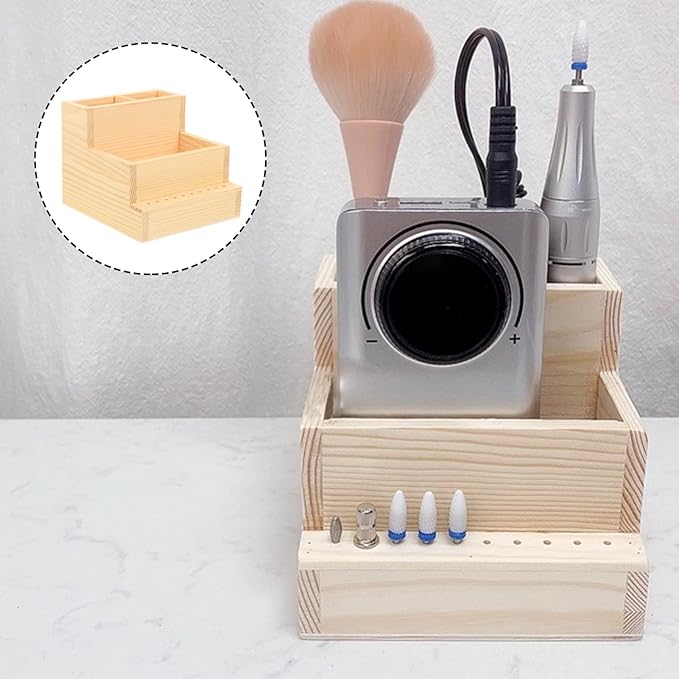 FRCOLOR Wooden Nail Drill Bits Holder Stand Display Organizer 10 Holes Nail Tool Storage Box Desktop Brush Holder Manicure Tool Organizer Cosmetics Holder