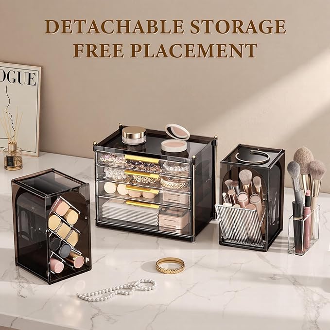4-Tier Drawer Makeup Organizer, 3-in-1 Free Combination Cosmetic Storage with Lipstick Holder & Brush Rack, Skincare Organizer with Mini Tray for Vanity Bathroom Bedroom Dorm
