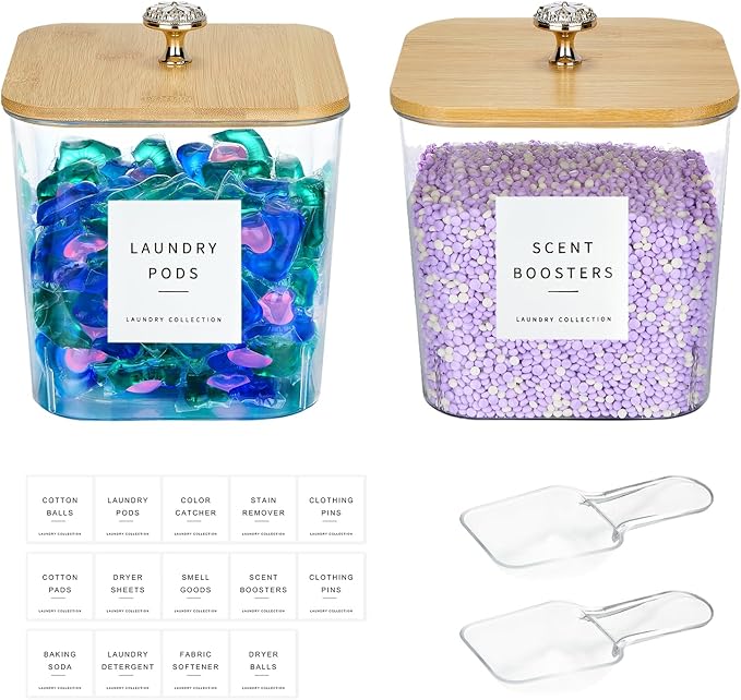 POLRAI 2 Pack Laundry Room Organization Storage Containers 2 Half Gallon Laundry Pod Containers Laundry Detergent Dispenser with Lids and Labels for Laundry Room Organizing