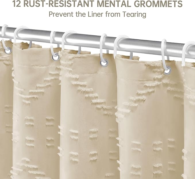 Extra Long Boho Farmhouse Shower Curtain Woven Fabric Beige 90 Inch Shower Curtain, 72 x 90 Tufted Chevron Textured Striped Modern Minimalist Cloth Shower Curtain for Bathroom