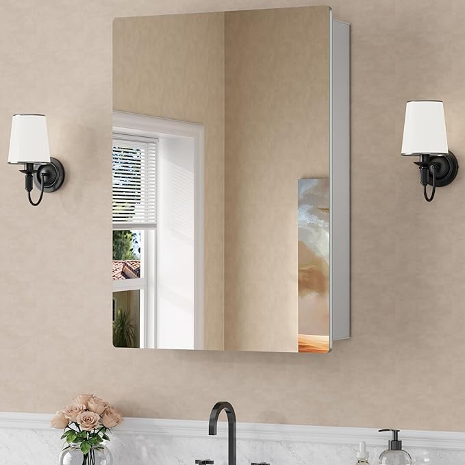 20x28 Inch Medicine Cabinet with Mirror, Recessed or Surface Mounted Bathroom Cabinets for Storage, 2 Fully Adjustable Tempered Glass Shelves, Soft-close DTC Hinges, HD Reflection Mirror Door, Silver