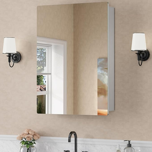 24x30 Inch Medicine Cabinet with Mirror, Recessed or Surface Mounted Bathroom Cabinets for Storage, 2 Fully Adjustable Tempered Glass Shelves, Soft-close DTC Hinges, HD Reflection Mirror Door, Silver