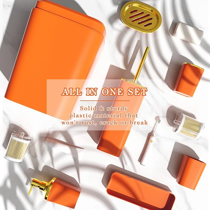 XLHOMO Bathroom Accessories Set - Luxury Orange Bathroom Set, 9 Pieces Bathroom Accessory Set, Orange Bathroom Accessories with Trash Can, Toilet Brush & Soap Dispenser
