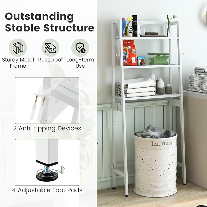 Nightcore Over-The-Toilet Storage, 3-Tier Freestanding Bathroom Organizer Shelf w/ 2 Hanging Hooks & Toilet Paper Holder, Multifunctional Metal Toilet Storage Rack for Bathroom Laundry (White)