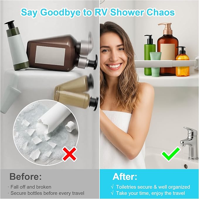 RV Shower Corner Storage Bars 3 Pack, Aluminum Adjustable Camper Shower Shelf Retainer Bars for Bathroom Storage and Organization, RV Essential Accessories for Travel Trailer Inside, 8-14 Inches