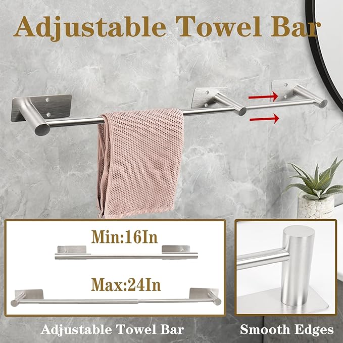 Self Adhesive Bath Towel Bar, Stainless Steel Towel Racks for Bathroom Sticky & Wall Mounted Install Towel Holder,Heavy Duty Towel Rod Rustproof Towel Hanger for Bathroom(Brushed Nickel,24In)