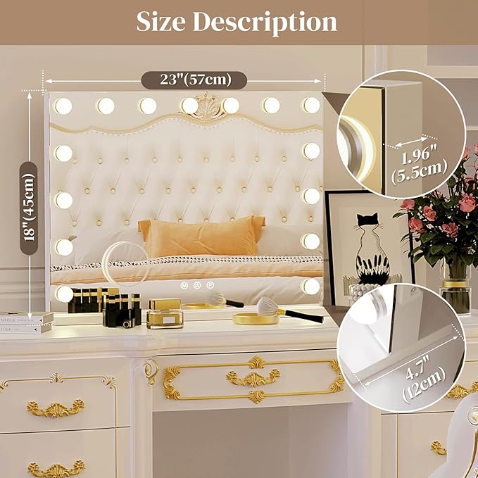 Hollywood Vanity Mirror, 15 Led Bulbs，3 Color Lights，Beautiful Make Up Lighted Mirror, Aluminum Metal Frame（23" x 18"）
