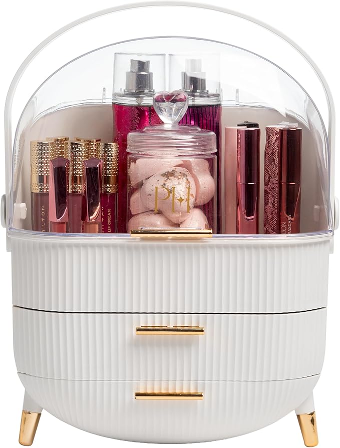Paris Hilton Makeup Storage Organizer with Lid, Cosmetics and Skincare Organizer for Vanity, Portable Makeup Storage Box for Countertop, Fluted Design with Gold Accents, White