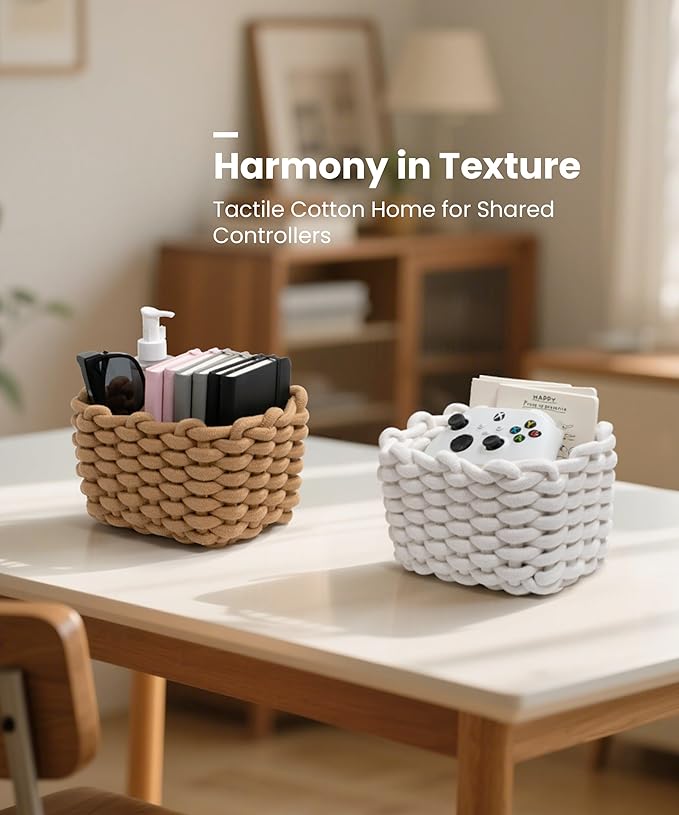 Storage Baskets 2 Pack, Macrame Woven Decorative Baskets for Vanity, Desk, Bathroom & Bedroom Organizer, Small Boho Cotton Rope Bins for Cosmetics, Office Supplies, Cream & Khaki, 7x5.5x5 Inches