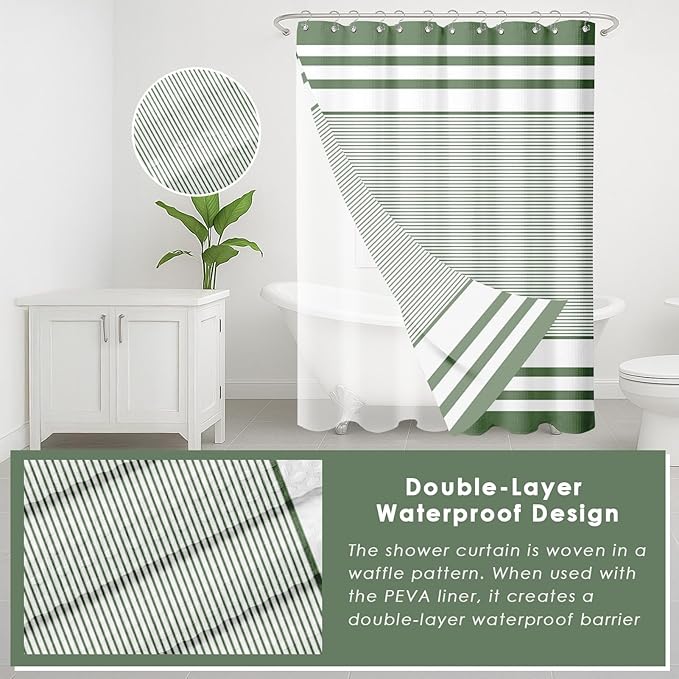 Britimes Sage Green Bathroom Sets with Shower Curtain and Rugs, Modern Striped Checkerboard Waterproof Shower Curtain Liner and Soft Non Slip Bath Mat for Bathroom Decor and Accessories Hooks