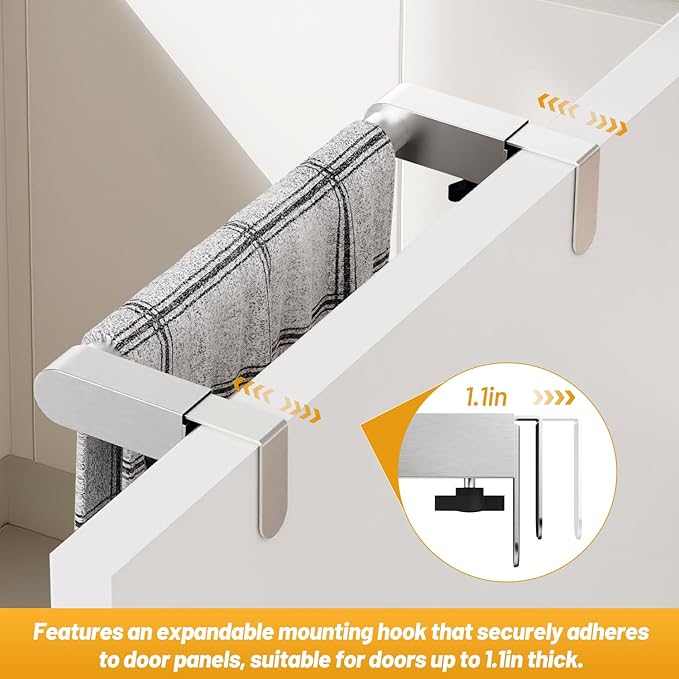 VEHHE Kitchen Towel Holder, Hand Screwed Telescopic Kitchen Towel Rack, Stainless Steel Adjustable Length and Width Over The Cabinet Door Towel Rack with EVA Foam Pad (Silver)