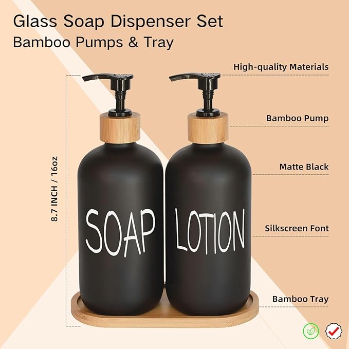Black Soap Dispenser Bathroom Set, Set with Glass Dispenser, Bamboo Pumps & Tray. Hand and Lotion Suitable for Farmhouse Decor