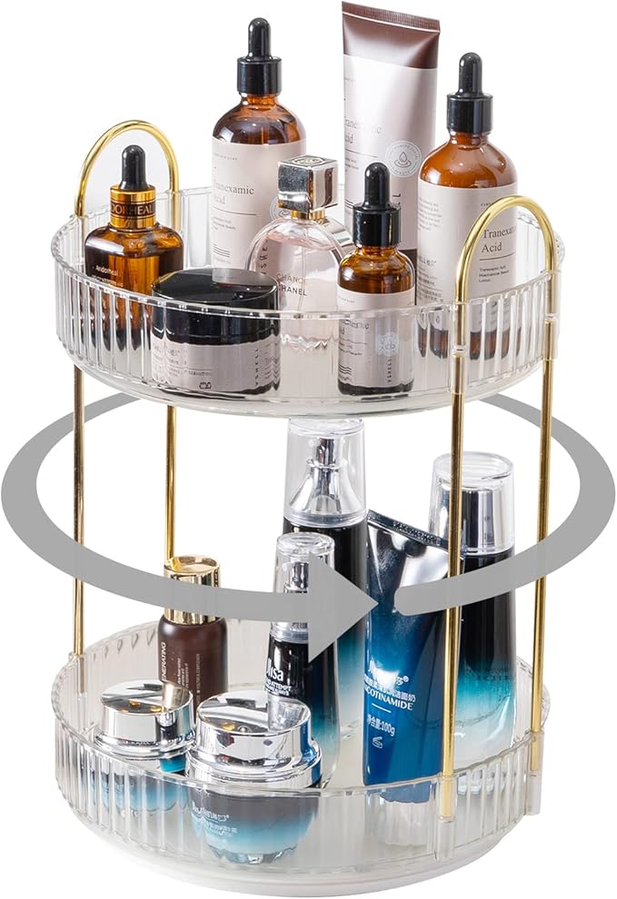 INVSSENE 360° Rotating Makeup Organizer, Bathroom Make Up Spinning Holder Rack, Large Capacity Cosmetics Storage Vanity Shelf Countertop, Fits Cosmetics, Perfume, Skincare(2 Tiers, Clear)