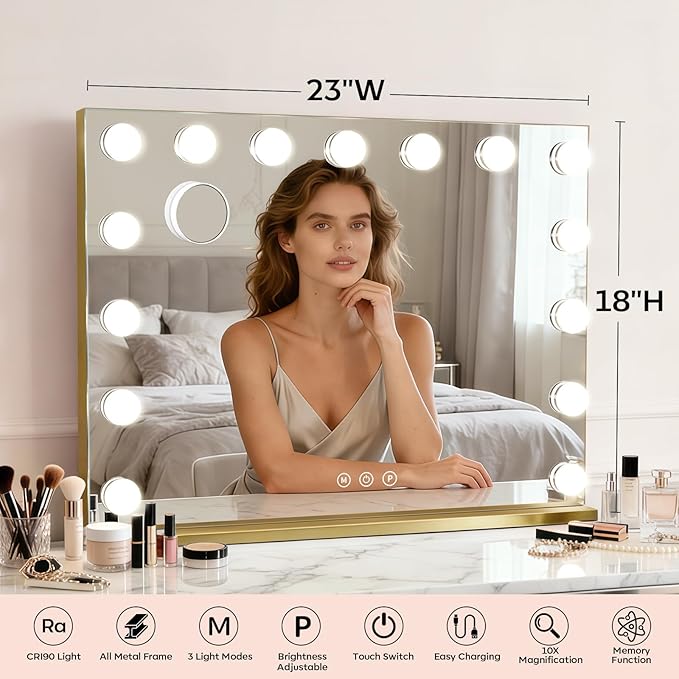 Hollywood Vanity Mirror with Lights, Lighted Makeup Mirror with 15 Dimmable Bulbs, 3 Color Lights, 10X Magnifier, USB/Type-C Charging, Metal Frame, Gifts for Women, Gold (23" W x 18" H)
