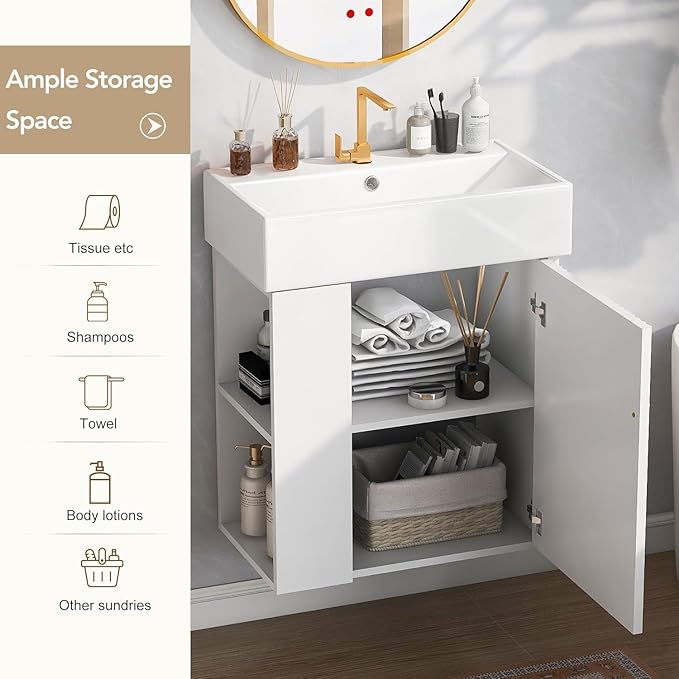 Virubi 21.6 in Floating Bathroom Vanity with Sink,Soft Closing Doors,Solid Wood Frame & MDF Modern Single Small White Bathroom Vanity Cabinet with Open Shelf,Wall Mounted