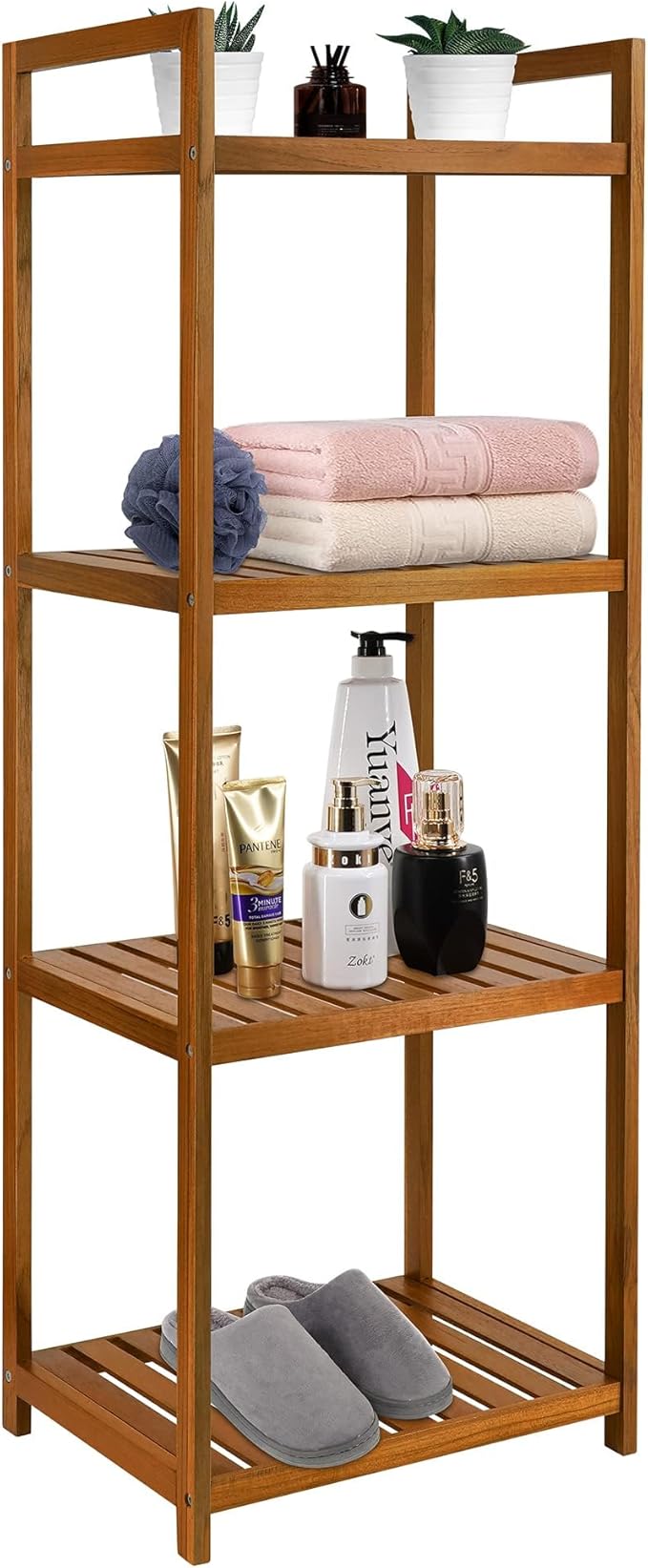 Utoplike Teak Wood Bathroom Shelf Organizer Stand, Standing Shelves Shower Caddy Units, Freestanding 4 Tier Bath Storage for Floor, Kitchen, Office