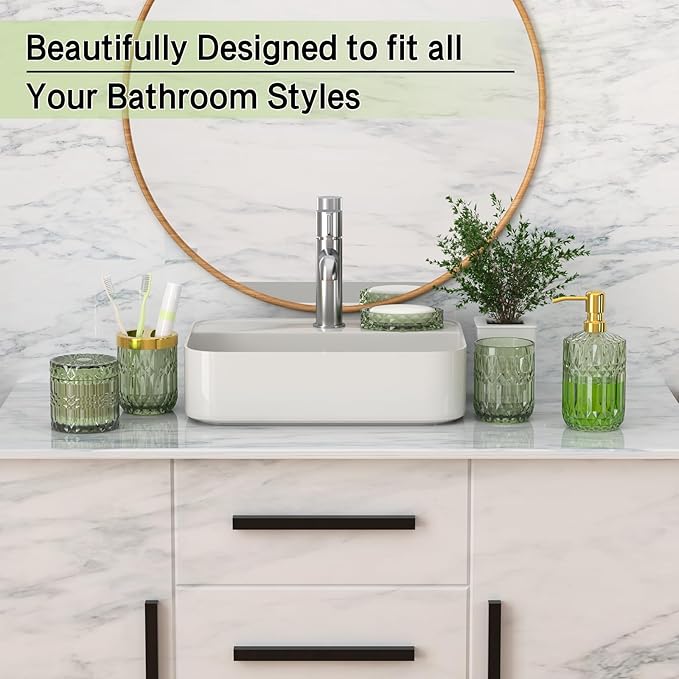 QIQU Green Glass Bathroom Accessories Set 5 Pcs, Green Bathroom Set, Soap Dispenser and Toothbrush Holder Set, Qtip Holder Set, Vintage Bathroom Sink Set, Cute Bathroom Decor