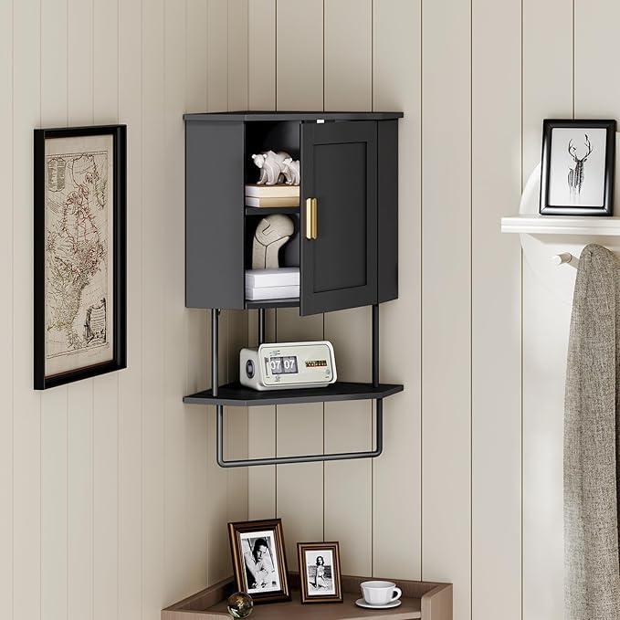MAHANCRIS Bathroom Wall Cabinet, Corner Wall Mount Medicine Cabinet with Adjustable Shelf & Towel Bar, 3-Tier Over Toilet Storage Cabinets for Bathroom Laundry Room Kitchen, for Small Space, Black