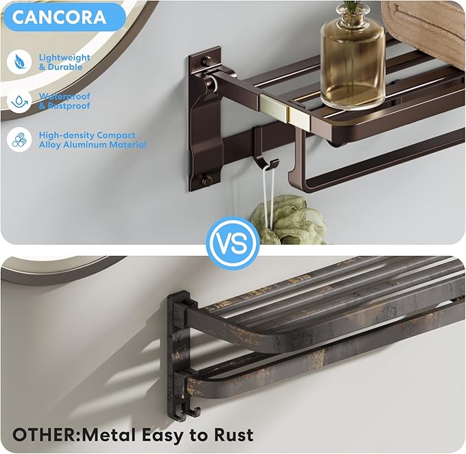 90° Foldable Towel Racks for Bathroom Wall Mounted with Rustproof Aluminum Towel Bar5 Towel Hooks 23IN Shelves Organizers Storage for RV Hotel Lavatory Kitchen Home Decor, Matte Gun Grey