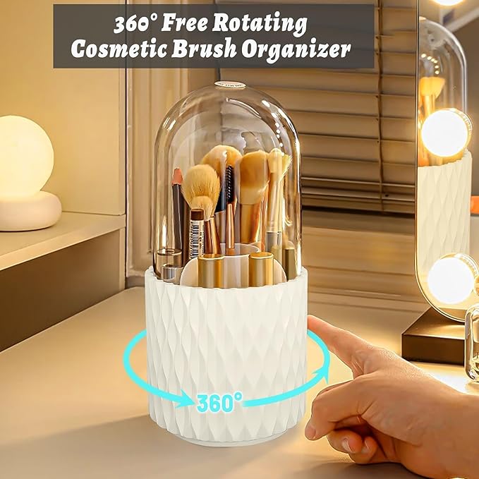 VNIMTI 360??Smooth Rotating Makeup Brush Holder with Dustproof Lid Spinning Vanity Organizer for Beauty Lipstick Perfume,Brushes Storage Container,Countertop,Dressing Table,Bathroom Desk (White)