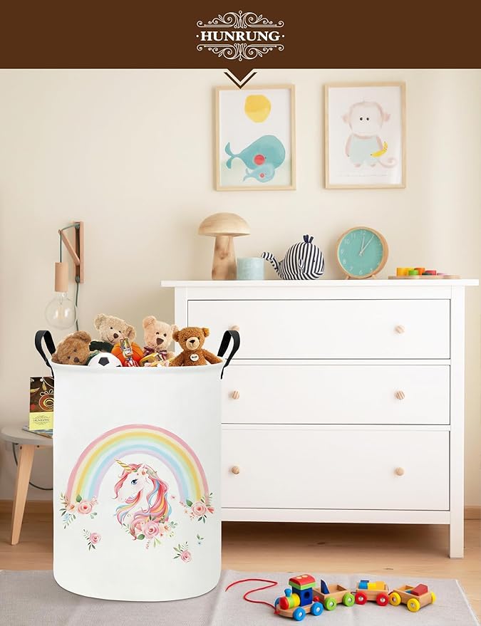 HUNRUNG Laundry Hamper,Large Canvas Fabric Lightweight Storage Basket Toy Organizer Dirty Clothes Collapsible Waterproof for College Dorms???Round-Rainbow Unicorn???