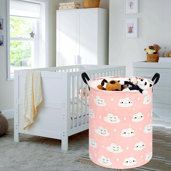 KUNRO Round Laundry Gift Basket Storage Hamper, Clothes Storage Organizer Bins, Shelf Basket with Handles for Room Decor (Smile)
