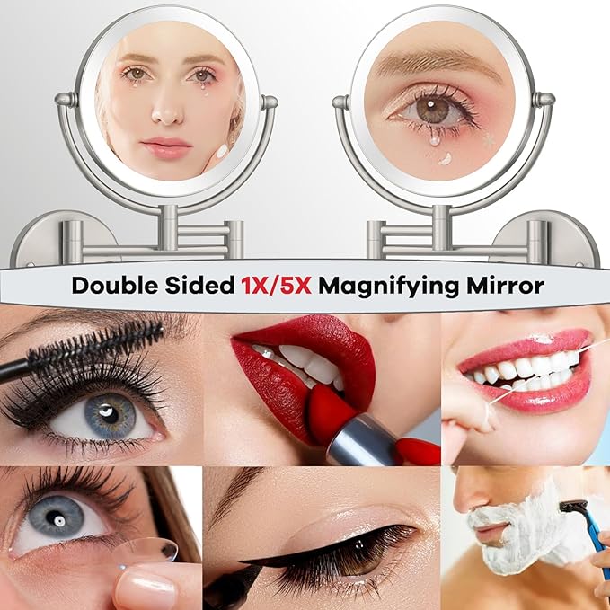 8 Inch Rechargeable Brass Lighted Magnifying Mirror Wall Mounted, 1X/5X Double-Sided Bathroom Personal Makeup Mirror with Light, Brushed Nickel