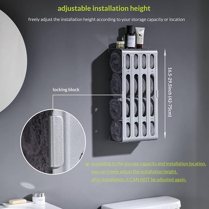 simpletome Towel Storage Rack Adjustable Height Wall Mount Bathroom Shelf Organizer Carbon Steel (Silver Grey)