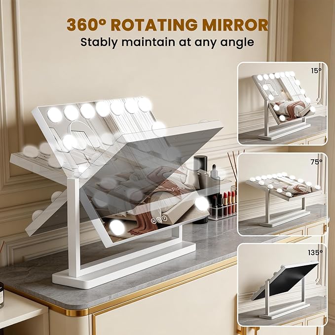 Vanity Mirror with Lights, 23"×17" Hollywood Makeup Mirror with 15 Dimmable Bulbs, 3-Color Lighting, Dimmable, 360° Rotation, 10x Magnification, Desk Mirror, Bedroom (White)
