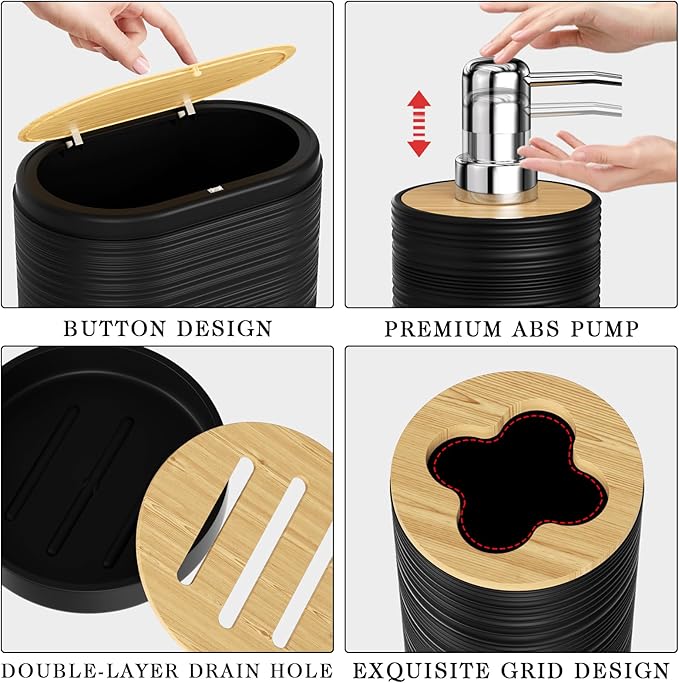 XLHOMO Black Bathroom Set - 10PC Bathroom Accessories Set, Luxury Bathroom Accessory Set with Trash Can,Toilet Brush & 2 PC Soap Dispensers for Apartment Decor and Housewarming