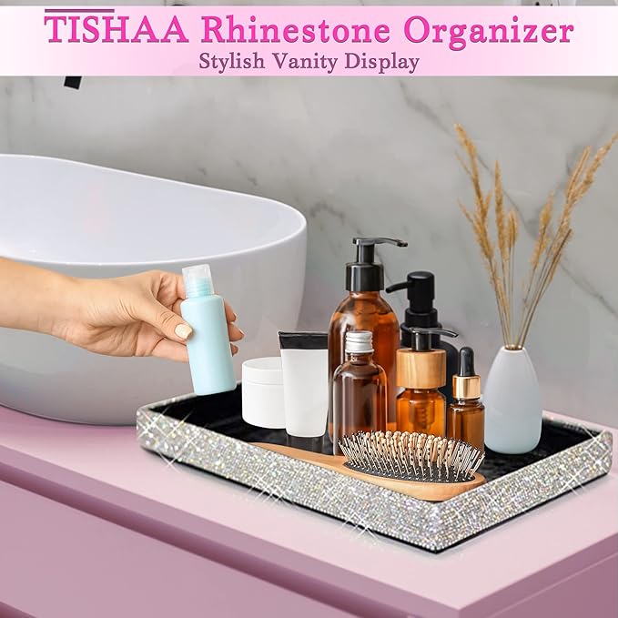 TISHAA Bling Decorative Tray Holder – Makeup Cosmetic Jewelry Ring Key Display Dish Plate Storage Organizer Crystal Rhinestone Glitter Vanity Bathroom Bedroom Home Decor (White)