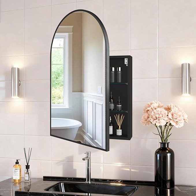 FKWin Bathroom Mirror with Storage, Medicine Cabinet Mirror for Left or Right Opening, Surface Mount Medicine Cabinet not Recessed, Bathroom Vanity Mirror with Storage, Black, 20x30 inch