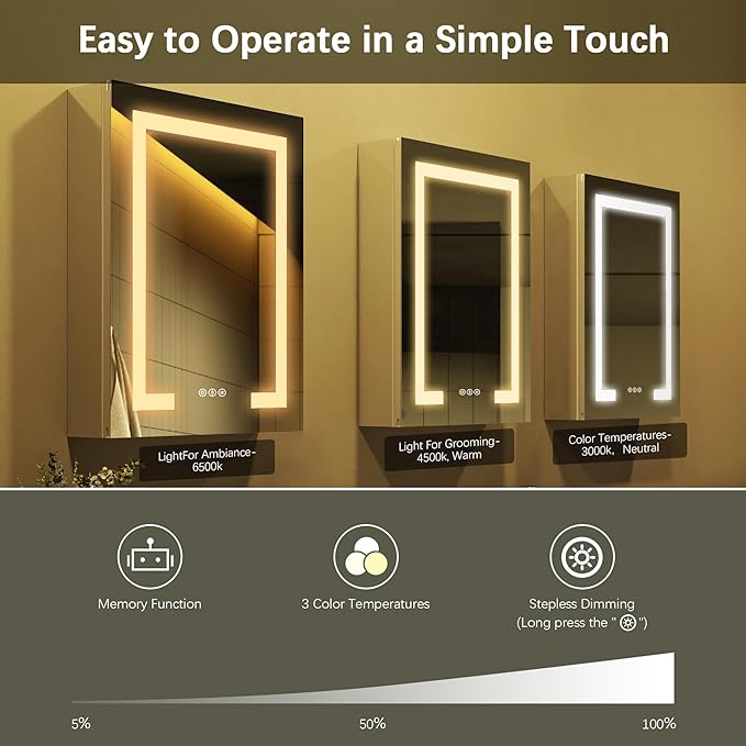 16x24 Inch Bathroom Medicine Cabinet with Mirror, Lighted Bathroom Mirror with Storage, Recessed /Surface Mount Medicine Cabinet with Socket & USB, Anti-Fog, 3 Colors Temperature, Dimmable Light