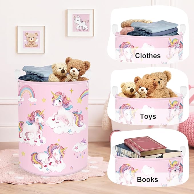 Unicorn Laundry Hamper Large Storage Basket Rainbow Clouds Collapsible Parents Organizer Kids Toy Clothes Bins for Bedroom, Bathroom, Stars, 63L