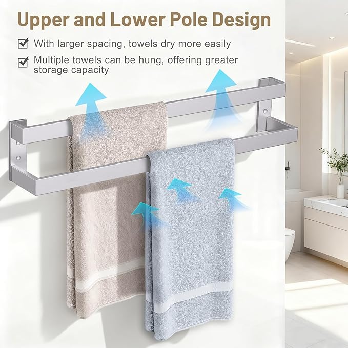 TNOMS Brushed Nickel Double Towel Bar,Towel Rack for Bathroom Stainless Steel Wall-Mounted Bathroom Hardware Accessories 32 Inch