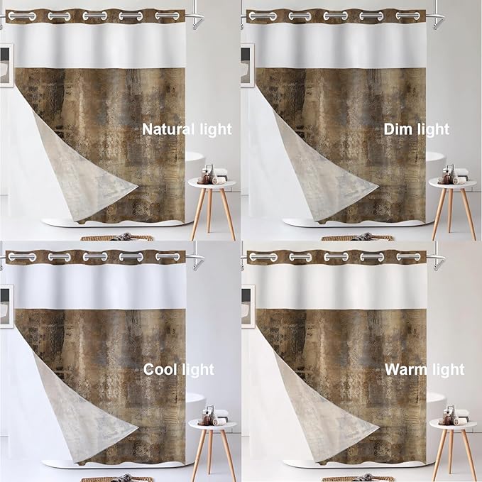 Shrahala Brown Abstract Art No Hooks Shower Curtain with Snap in Liner Set, Grey Acrylic Bathroom Décor Polyester Fiber Waterproof for Stall Bathtubs 71 X 86 in