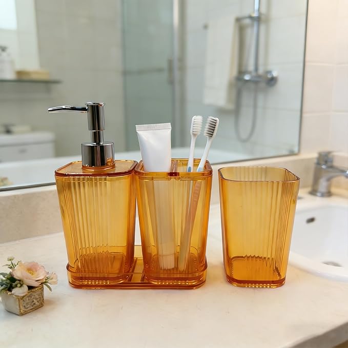 4 Pcs Bathroom Accessory Set Plastic Bathroom Organizer Kit with 13.5oz Soap Dispenser Toothbrush Holder Tumbler Vanity Tray Complete Countertop Bathroom Decor Set(Orange)