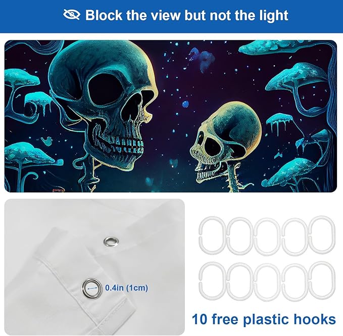 Shrahala Happy Halloween Funny Decorative Shower Curtain, Skeletons Grass Mushrooms Starry Sky Bathroom Décor Polyester Fiber Waterproof with Plastic Rings for Shower Stall Bathtubs 72 x 60 in