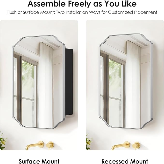 SogesHome Recessed Bathroom Mirror Medicine Cabinet with Storage, 15.7 x 23.6 Inch Wall Mounted Modern Octagon Vanity Organizer with Shelves, Space-Saving Elegant Bathroom Storage, Silver