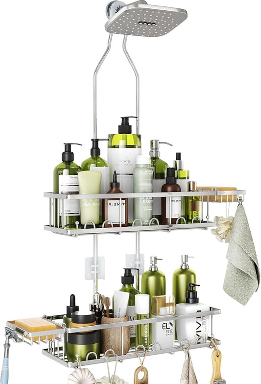 Skyapex Shower Caddy Hanging: Adjustable Height, Rustproof Shelves with Hooks, 2 Soap Holders - Silver Shower Organizer Over Showerhead