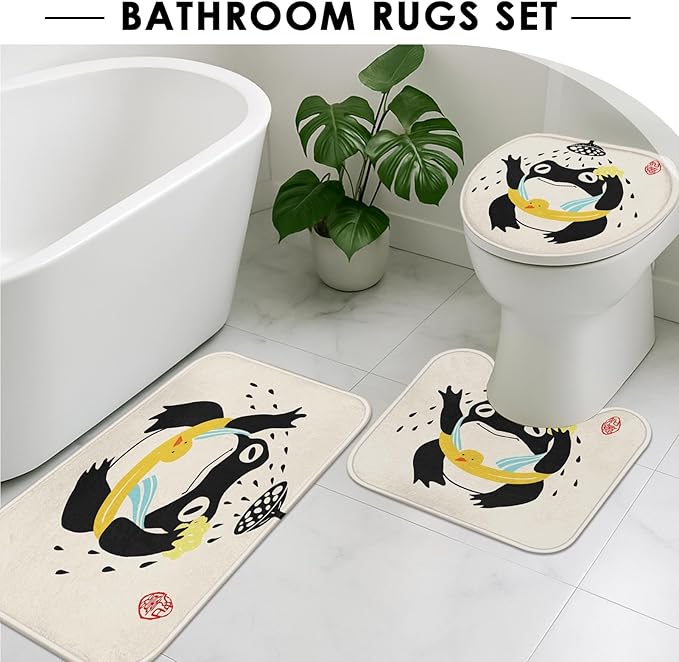 ArtSocket Funny Frog Bathroom Set with Shower Curtain and Rugs and Accessories, Asian Style Traditional Japanese Art Rubber Duck Cute Animal Retro Beige Shower Curtain for Bathroom Decor 4 Pcs