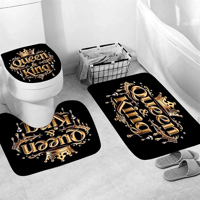 AZHM Golden Crown Print Shower Curtain Set Black Luxury Bathroom Accessories Sets with Shower Curtain and Rugs