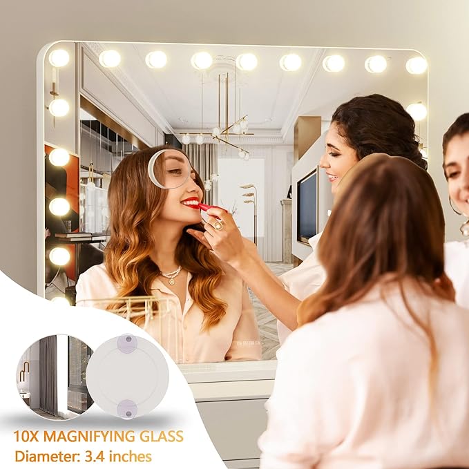 Hasipu Vanity Mirror with Lights and Bluetooth Speaker, 39.4" x 28.7" Hollywood Makeup Mirror with 21 Dimmable Bulbs and 10X Magnification, 3 Colors Modes, USB Charging Port, Type-C (White)
