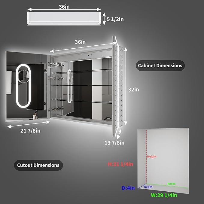 ExBrite 36 x 32 Lighted Medicine Cabinet with Mirror, Front&Backlit led Medicine Cabinet,Clock Temp Display,Defog,5X Magnifier,3 Colors Temper Dimmable,Surface or Recessed Mount,Door Wide Open