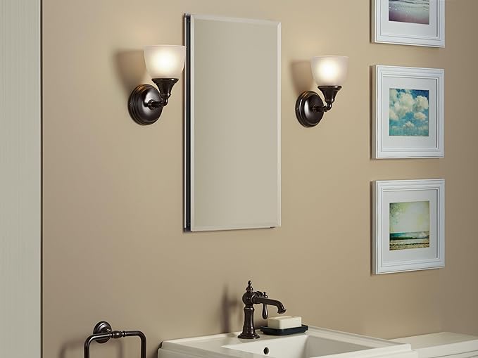 Kohler CB-CLC1526FS Frameless Bathroom Mirror Medicine Cabinet, Single Door, Rectangular Beveled Edge Frame, Bathroom Cabinet Mirror, Adjustable Shelves, 15 in. W x 26 in. H